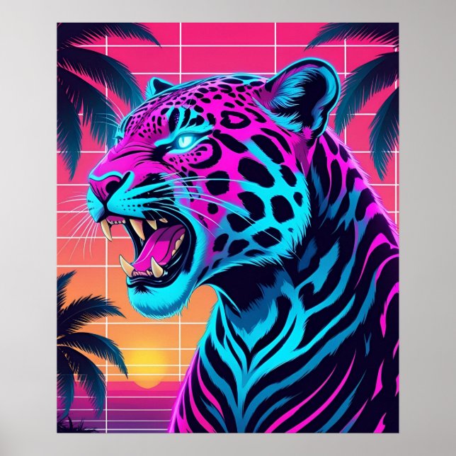 Neon Retro Jaguar – Vibrant Synthwave 80s Animal D Poster (Front)