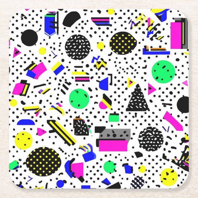Neon Retro Memphis Geometric Chaos Pattern Square Paper Coaster (Front)