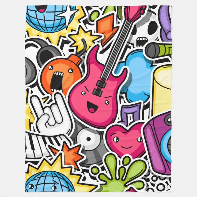 Neon retro music themed fleece blanket (Front)