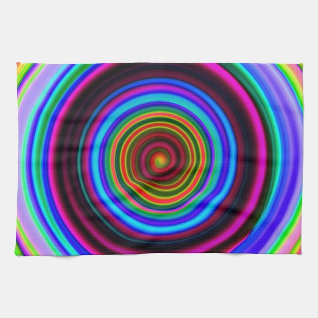 Neon Retro Spiral Circle Pattern Tea Towel (Horizontal)