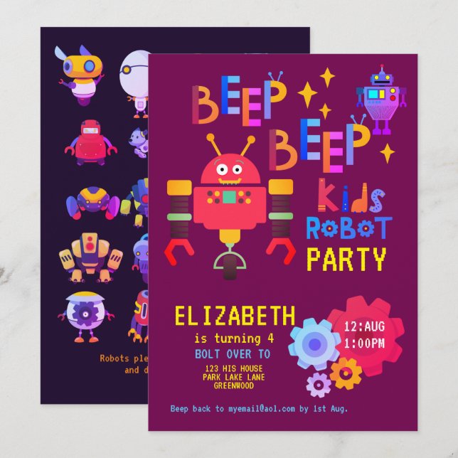 Neon ROBOT PARTY Kids Birthday Pink Girls Costume Invitation (Front/Back)