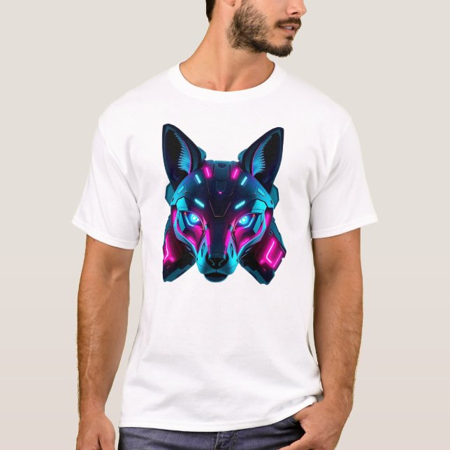 Neon Robotic Fox Face Art T-Shirt (Front)