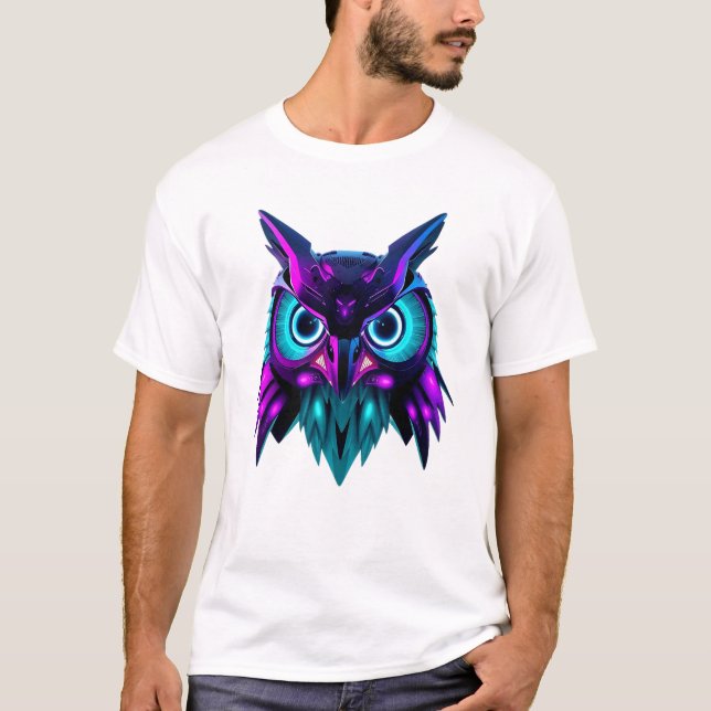 Neon Robotic Owl Face Art T-Shirt (Front)