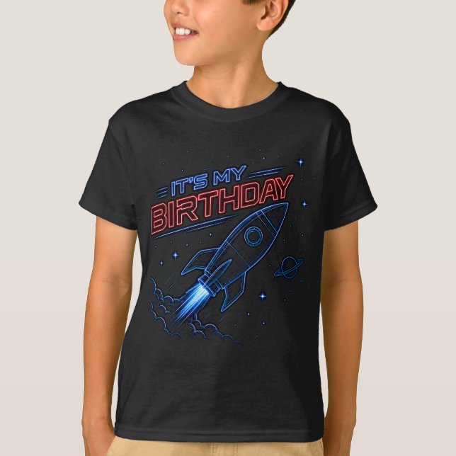 Neon Rocket Space Birthday Kids Graphic Tee (Front)