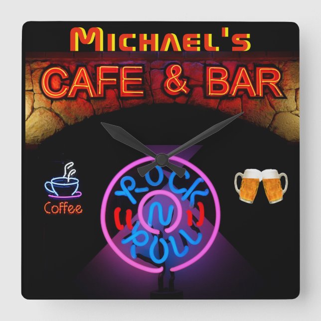 Neon RocknRoll SIGN Bar Cafe ManCave Named Kitchen Square Wall Clock (Front)