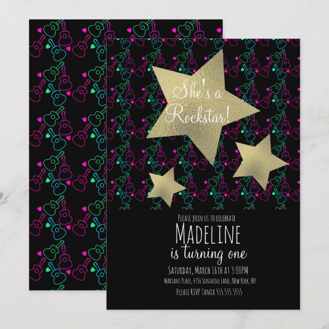Neon Rockstar Guitar Faux Gold Star Birthday Invitation (Front/Back)