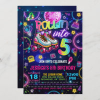 Neon Roller Skate 5th Birthday Invitation