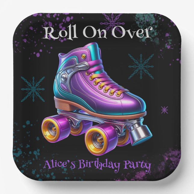 Neon Rollerskate Birthday Party Custom Paper Plate (Front)