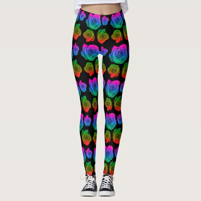 Neon rose pattern black leggings (Front)