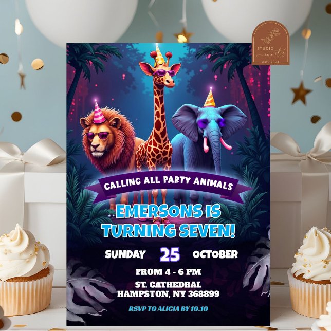 Neon Safari Wild Animals Boy Birthday Invitation (Creator Uploaded)