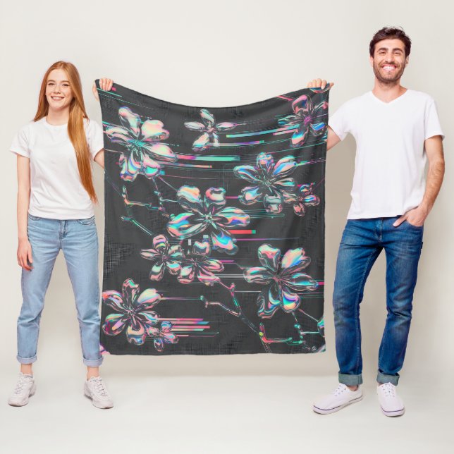 Neon Sakura Glitch – Futuristic Floral Pattern Fleece Blanket (In Situ)