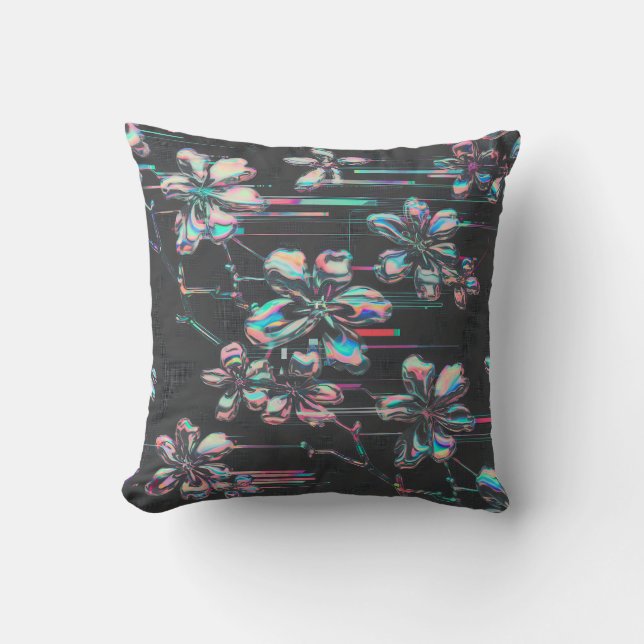 Neon Sakura Glitch - Futuristic flower pattern Cushion (Front)