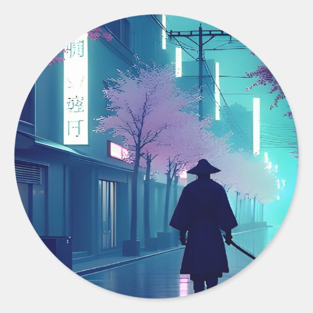Neon Samurai Sticker – Retro Anime Cyberpunk Tokyo (Front)