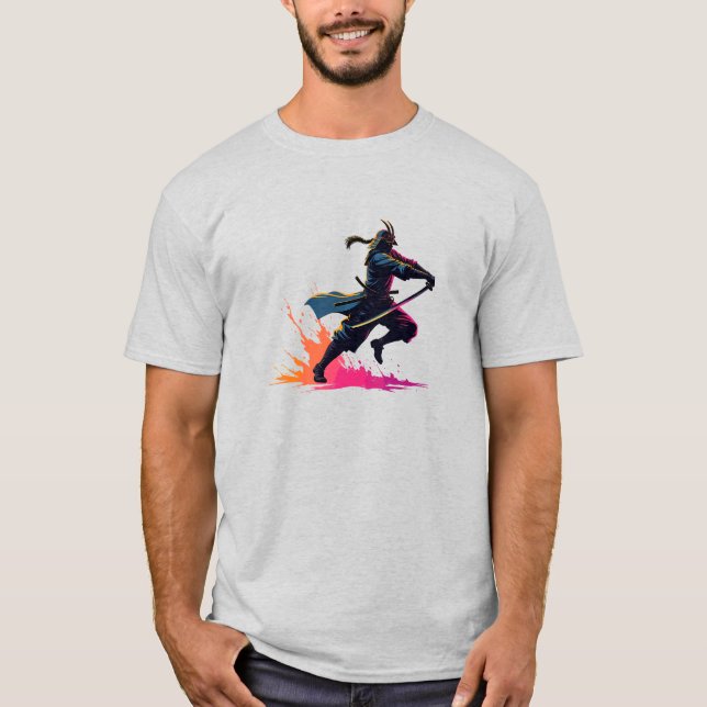 Neon Samurai Warrior in Action Retro Art T-Shirt (Front)
