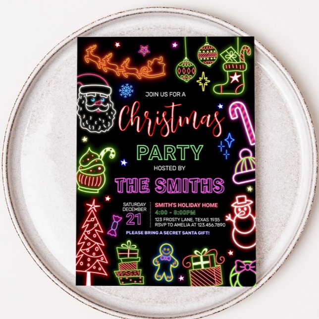 Neon Santa Christmas Party Invitation (Neon Santa Claus Christmas Party Invitation)