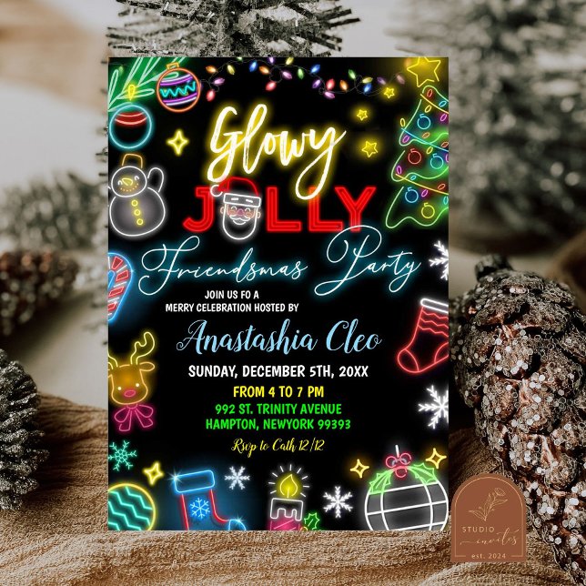 Neon Santa Glowy Jolly Friendsmas Holiday Party Invitation (Creator Uploaded)