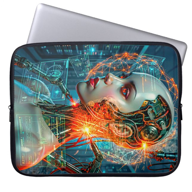 Neon Sci-Fi Cyborg Female Cyberpunk Tech Laptop Sleeve (Front)