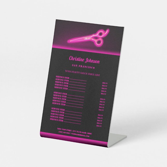 neon scissors hair stylist price list pedestal sign (Front)