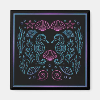 Neon Seahorses Purple shells nautical Magnet