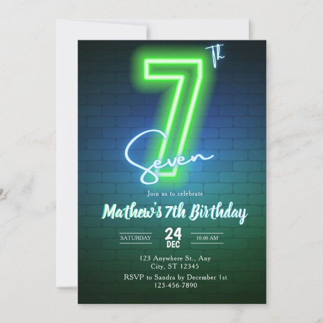 Neon Seventh birthday Invitation (Front)