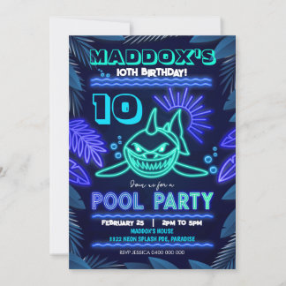 Neon Shark Pool Party Invitation