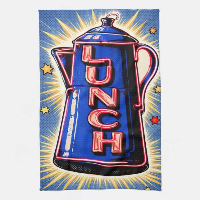 Neon Sign, Coffee Pot, Lunch, POP Art Style Tea Towel (Vertical)