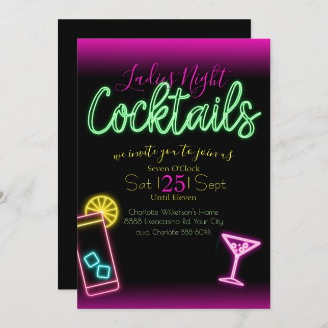 Neon Sign Ladies Night Cocktail Party Invitation (Front/Back)