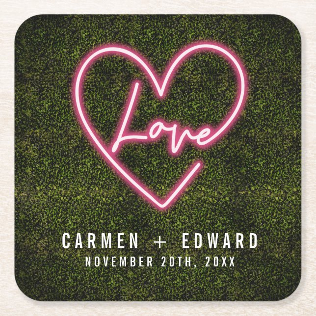 Neon Sign Love Heart Wedding Square Paper Coaster (Front)
