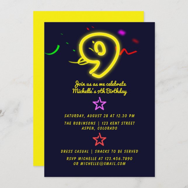 Neon Sign Ninth Birthday Party Invitation (Front/Back)