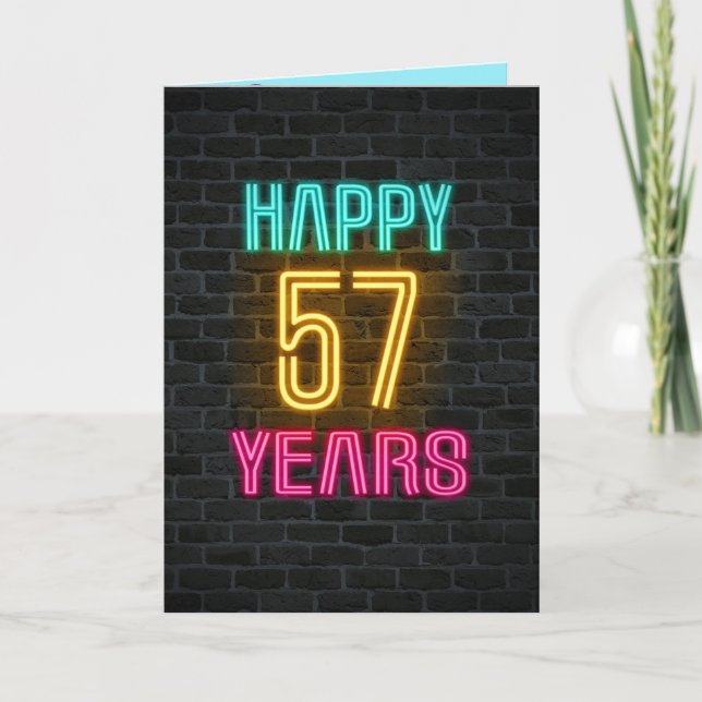 Neon sign on brick for 57th birthday card (Front)