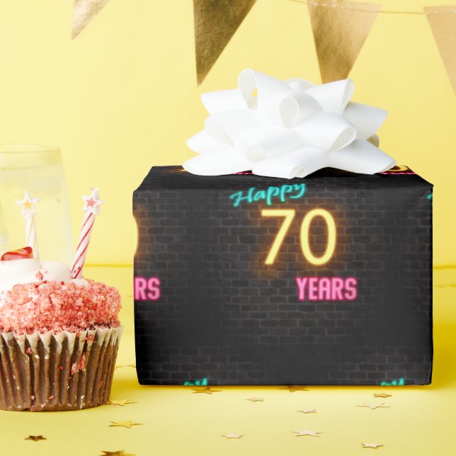 Neon Sign on Brick for 70th Birthday Wrapping Paper (Birthday Party)