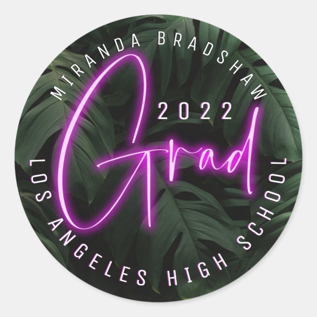 Neon Sign Pink Tropical Leaves Grad Classic Round Sticker (Front)