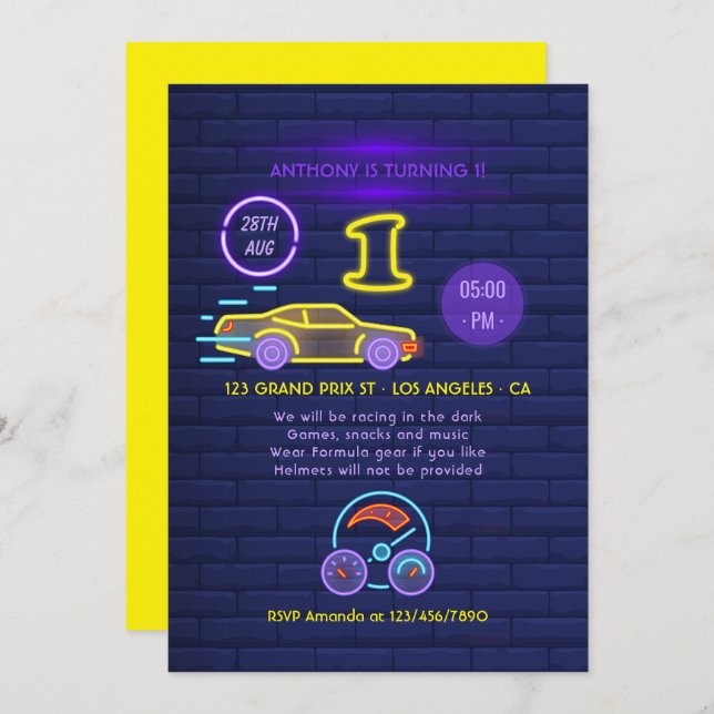 Neon sign Racing Car themed Boy 1st Birthday Party Invitation (Front/Back)