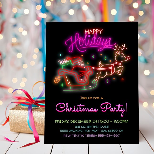 Neon Sign Santa Sleigh Reindeer Christmas Party Invitation (Creator Uploaded)