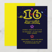 Neon Sign Sixteenth Birthday Party Invitation