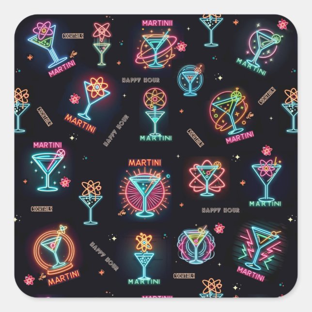 Neon Sign Space Age Atomic Martini Cocktails Print Square Sticker (Front)