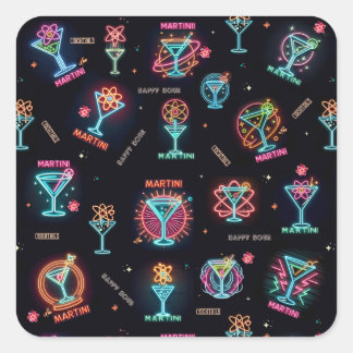 Neon Sign Space Age Atomic Martini Cocktails Print Square Sticker