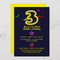 Neon Sign Third Birthday Party Invitation
