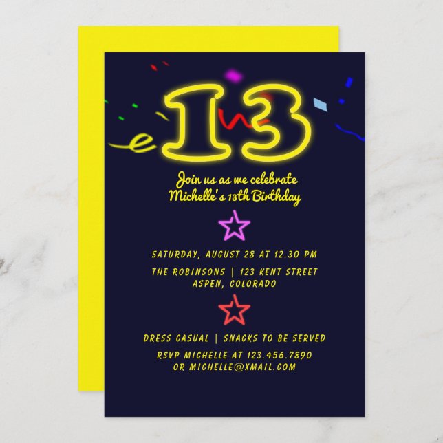 Neon Sign Thirteenth Birthday Party Invitation (Front/Back)