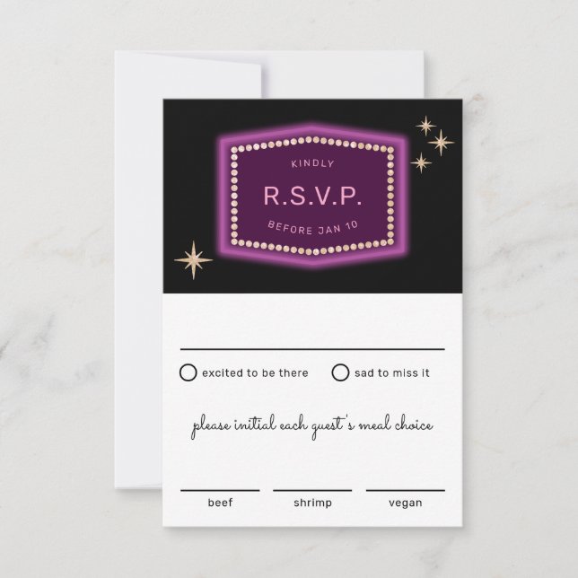 Neon Sign Vegas Wedding RSVP with Meal Choices Card (Front)