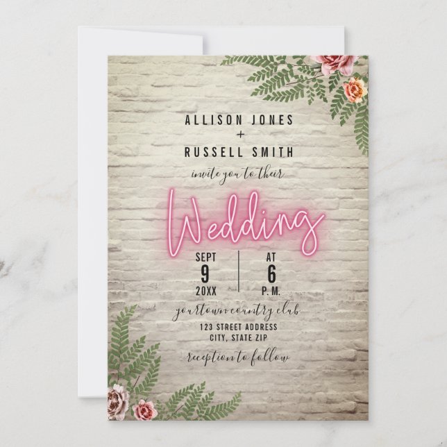 Neon Sign White Brick Botanical Wedding Invitation (Front)