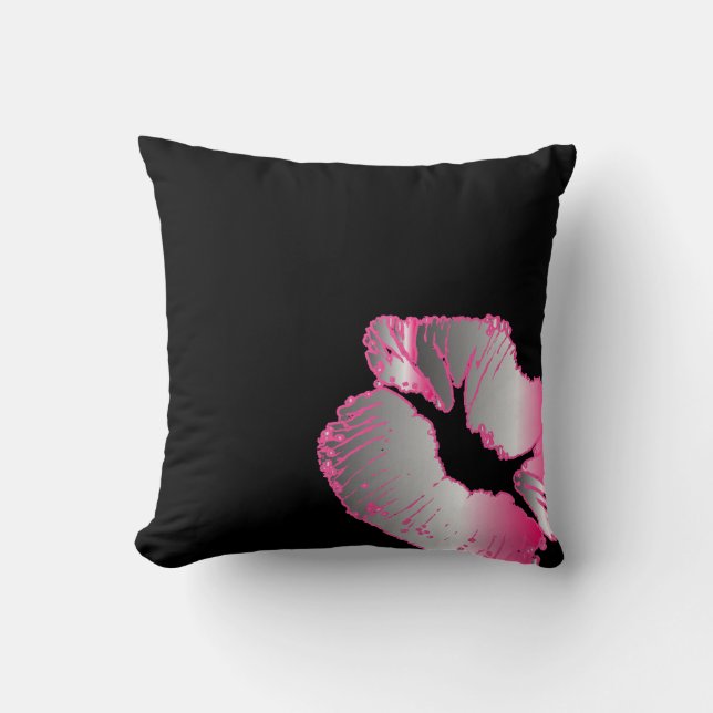 Neon Silver and Hot Pink Lipstick Kiss on Black Cushion (Front)