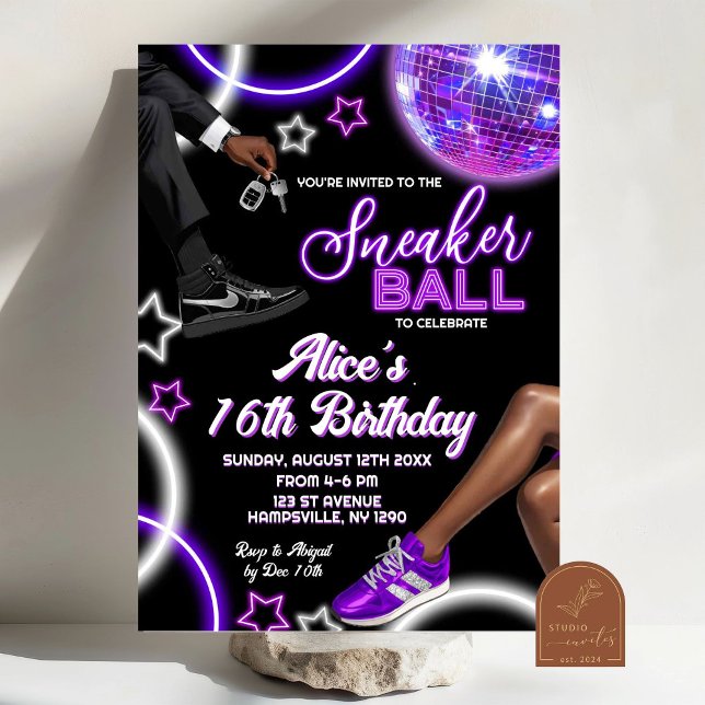 Neon Silver Purple Sneaker Ball Disco Birthday Invitation (Creator Uploaded)