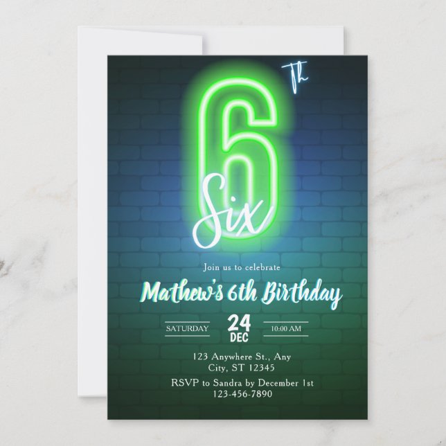 Neon Sixth birthday Invitation (Front)