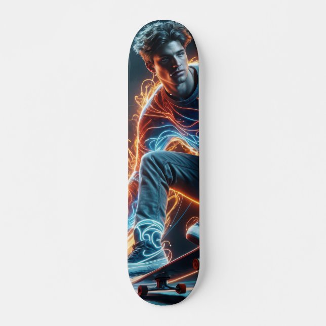 Neon Skateboarder With Dynamic Light Trails Skateboard (Front)