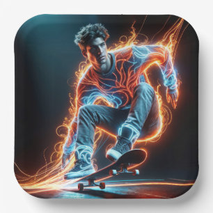 Neon Skateboarder With Fiery Light Trails Paper Plate