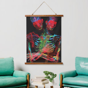 Neon Skeleton Embrace Art Fusion Hanging Tapestry