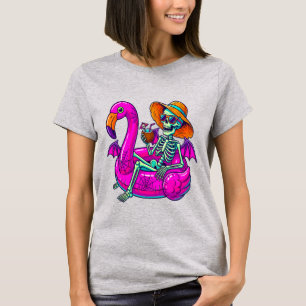 Neon Skeleton Flamingo Pool Float Halloween T-Shir T-Shirt
