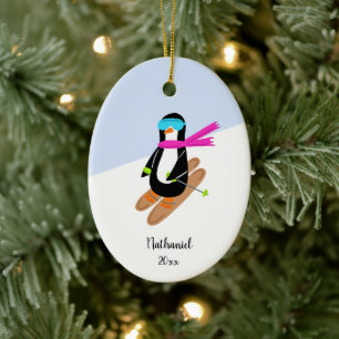 Neon Skiing Penguin Personalised Christmas Ceramic Tree Decoration