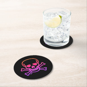 Neon Skull black round paper drink coasters